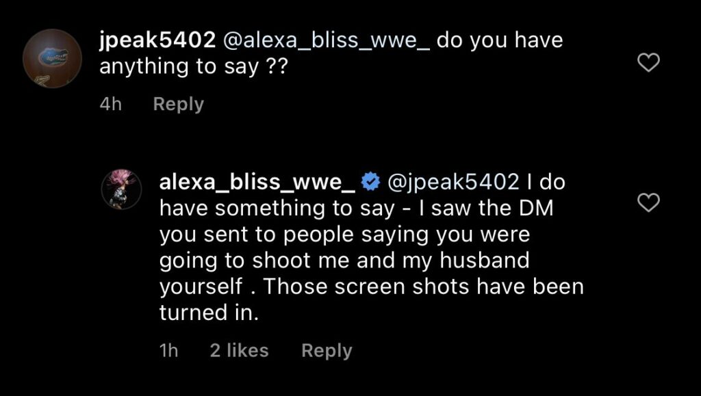Alexa Bliss denuncia a un hombre después de amenazar con disparar a ella y su marido