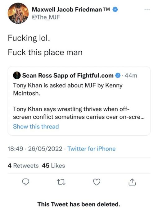 MJF borra un tweet en el cual respondía duramente a unas palabras de Tony Khan