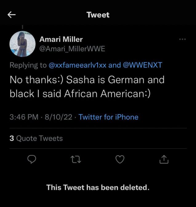 Amari Miller desactiva su cuenta de Twitter tras un comentario sobre Sasha Banks y su paso por NXT
