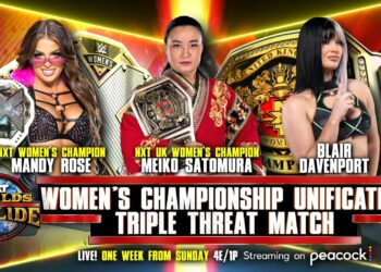 Mandy Rose, Meiko Satomura y Blair Davenport se enfrentaran en una Triple Amenaza para unificar los Campeonatos Femeninos de NXT y NXT UK en Worlds Collide 2022