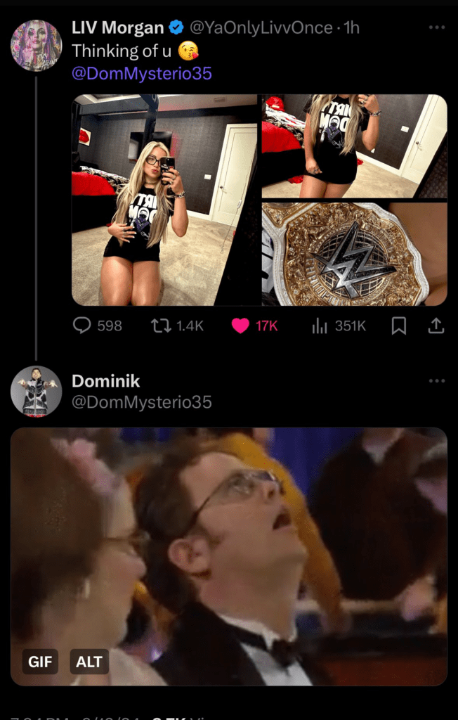 Dominik Mysterio reacciona un mensaje de Liv Morgan y lo elimina inmediatamente